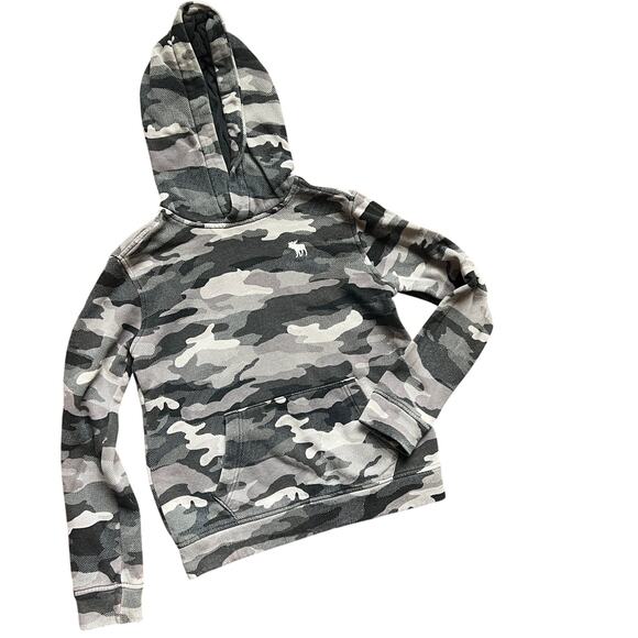 Abercrombie‎ Kids 11/12 Hoodie Sweatshirt Pullover Gray Digital Camo Pocket - Picture 1 of 5